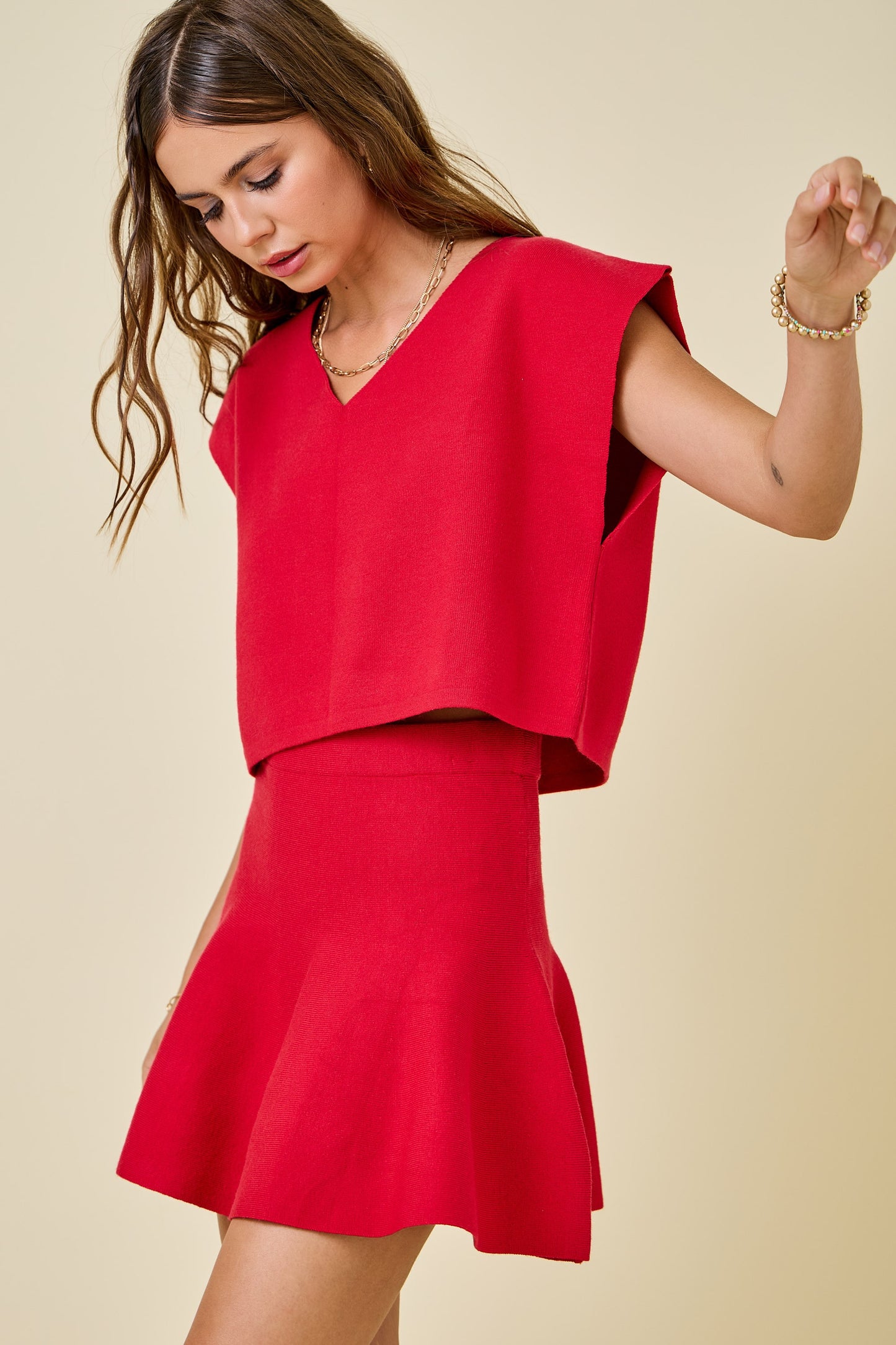 Sleeveless V-neck Sweater Top & Mini Skirt