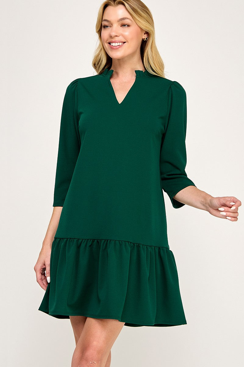 Solid ruffle neck dress