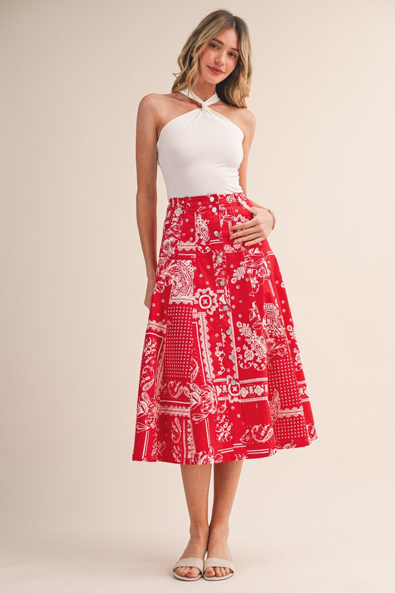 Paisley Denim Button Down Midi Skirt