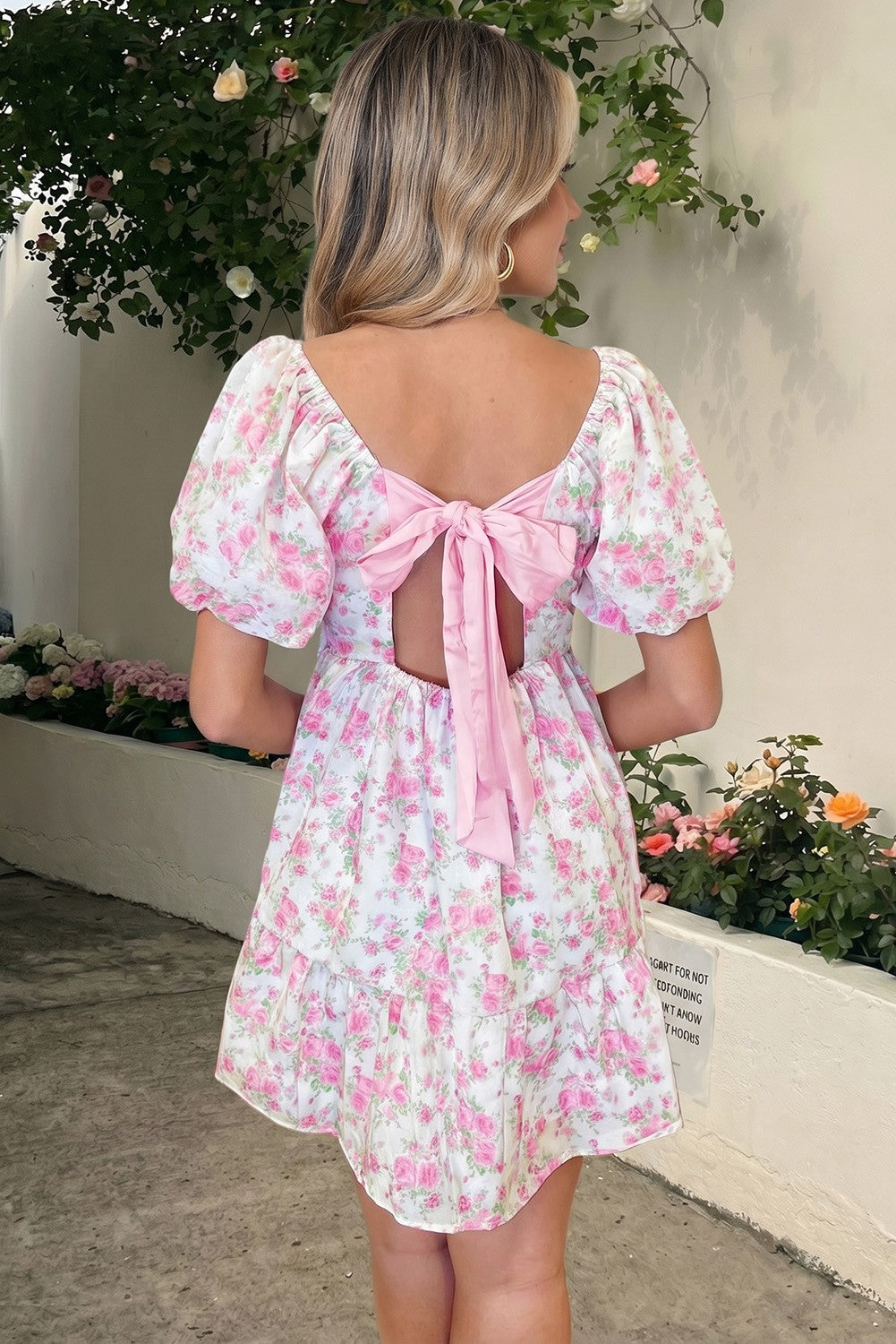 Floral Print Square Neck Ribbon Knot Back Cute Mini Dress