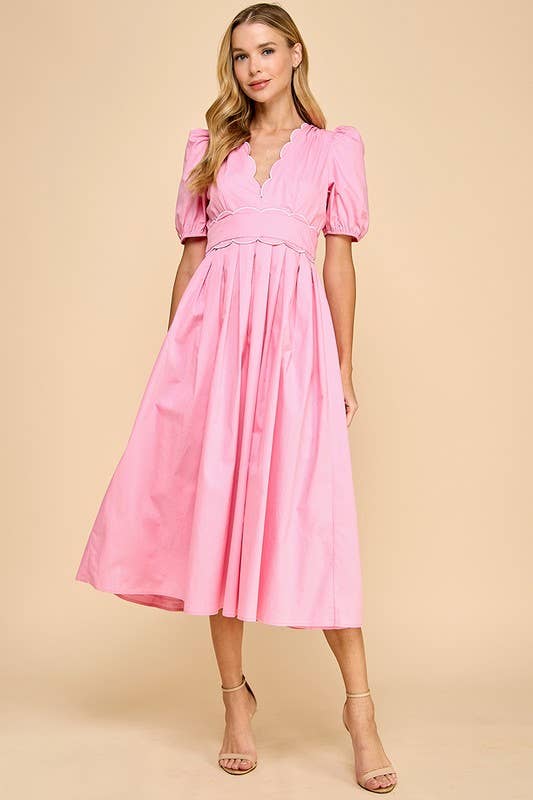 V- Neckline Scalloped Detail Midi Dress