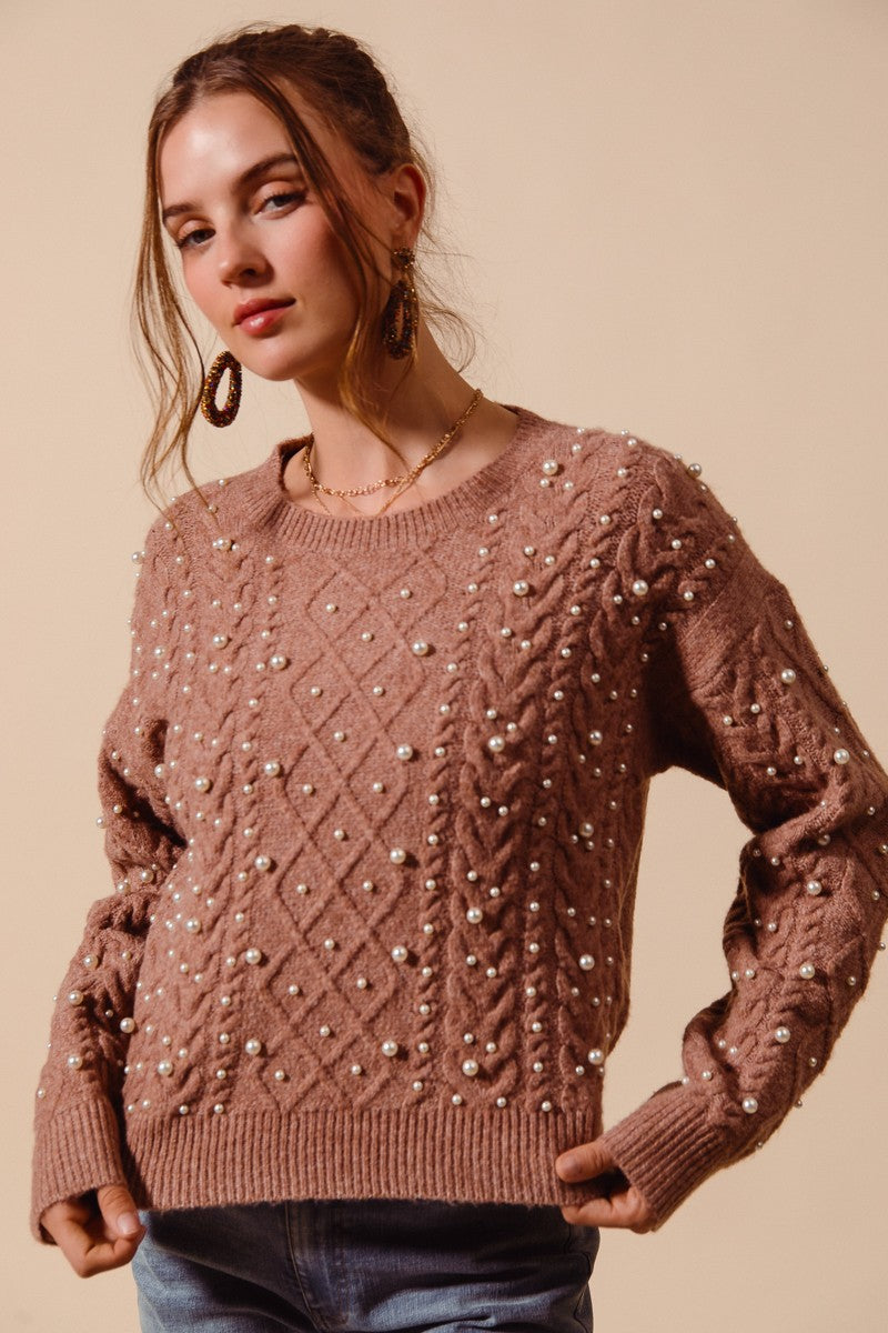 PEARL EMBELLISHED CABLE KNIT ROUND NECK SWEATER