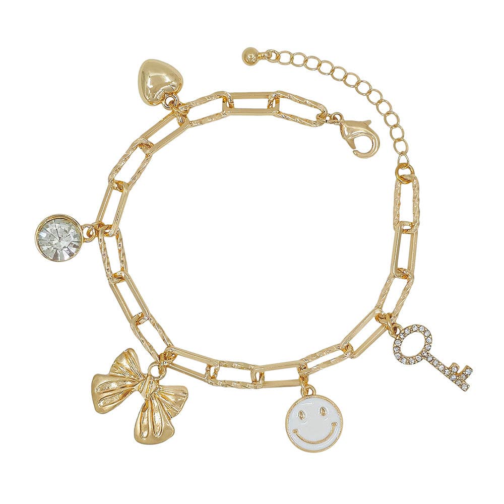 Gold Chain with Bow, White Smile, Heart, and Key Charm Bracelet