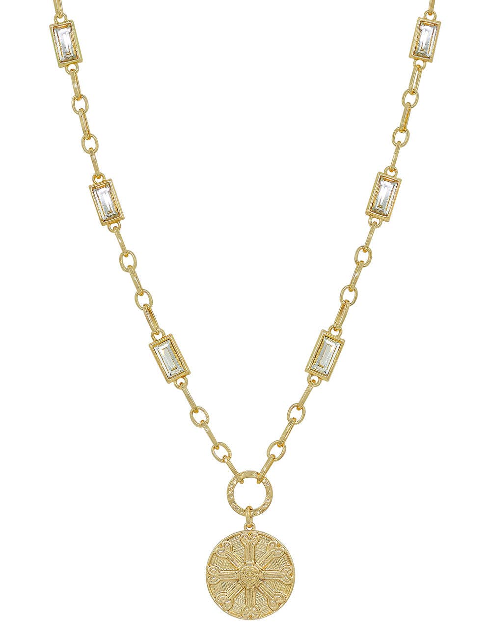 Gold with Clear Rectangle Crystal Chain and Gold Hammered Coin 16"-18" Necklace