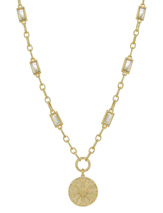 Gold with Clear Rectangle Crystal Chain and Gold Hammered Coin 16"-18" Necklace