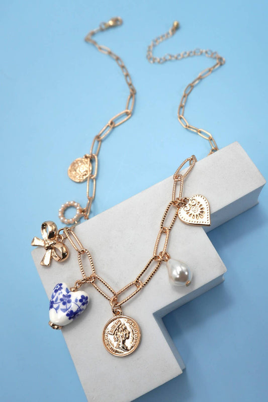CERAMIC PORCELAIN BOW HEART CHARM LINK NECKLACE |