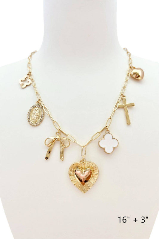 What's Hot - Gold Chain with Clover, Heart, Bow, Cross Charm 16"-18" Necklace