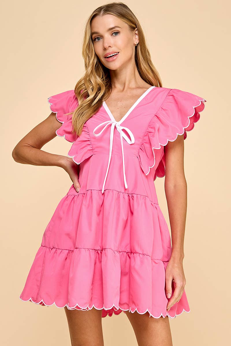V Neckline Bow Detail Scalloped Dress