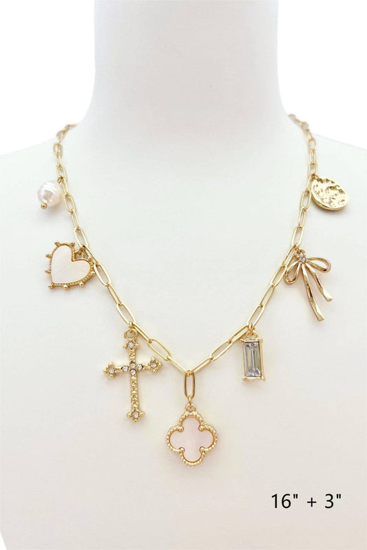 What's Hot - Gold Chain with Clover, Heart, Bow, Cross Charm 16"-18" Necklace