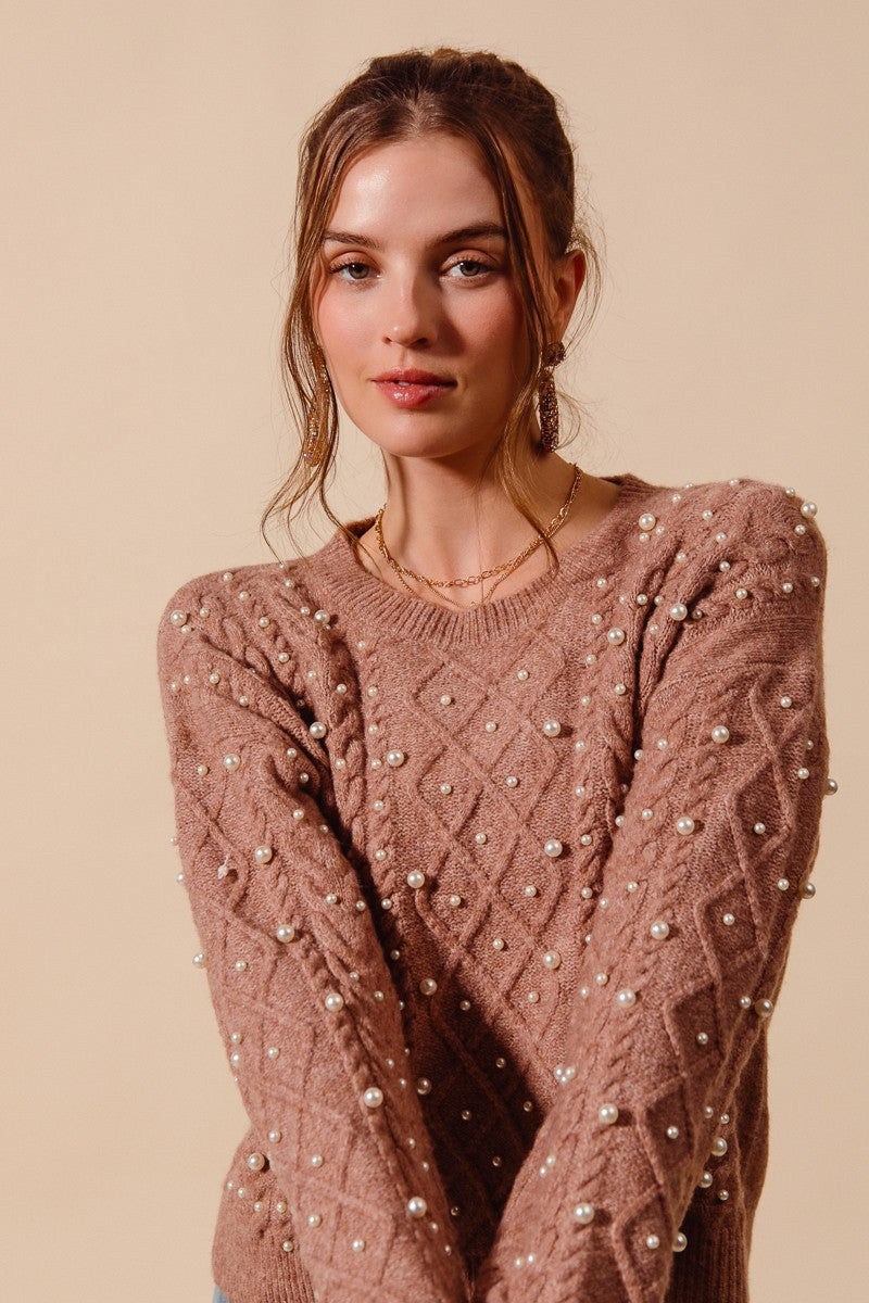 PEARL EMBELLISHED CABLE KNIT ROUND NECK SWEATER
