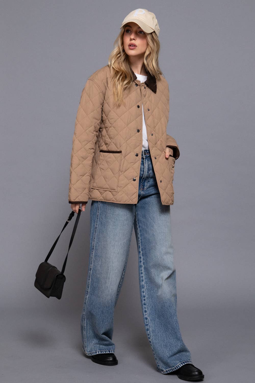 Long Sleeve Contrast Lapel Collar Quilted Puffer Work Jacket