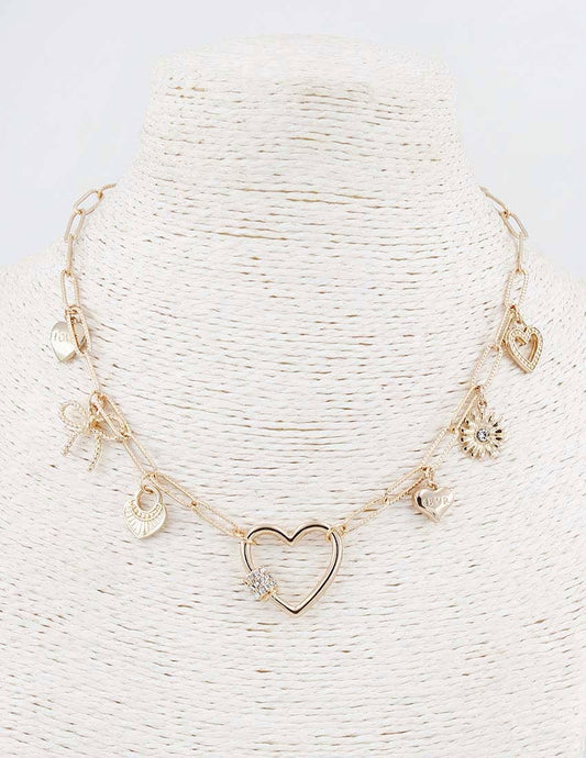 What's Hot - Gold Chain with Rhinestone Hearts and Bow Charms 16"-18" Necklace