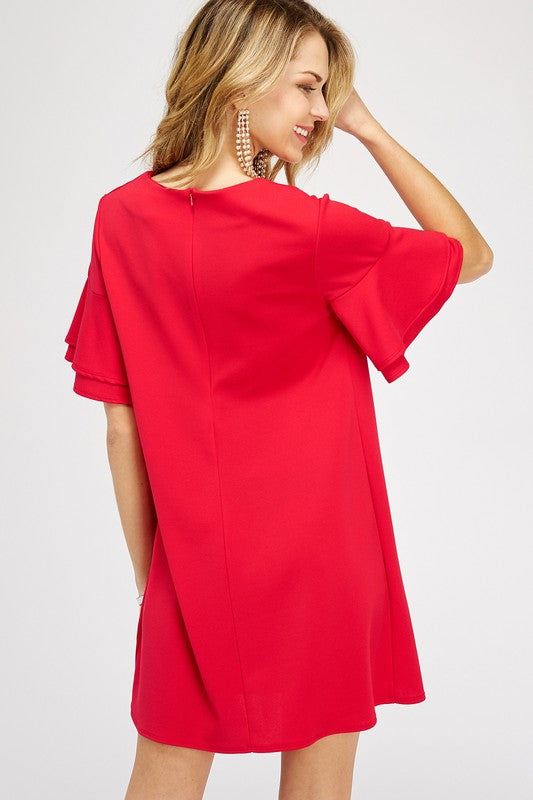Double Ruffle Sleeve Shift Dress