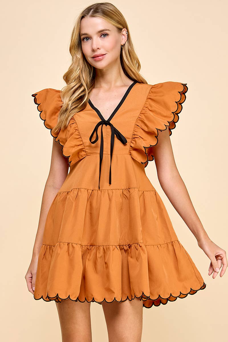 V Neckline Bow Detail Scalloped Dress