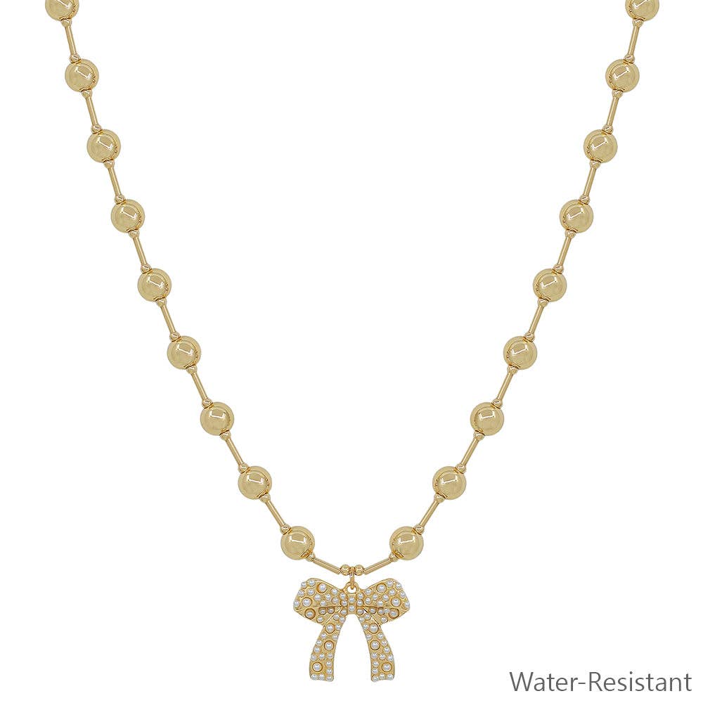 Water Resistant 6MM Gold Beaded Chain with Bow 16"-18" Necklace