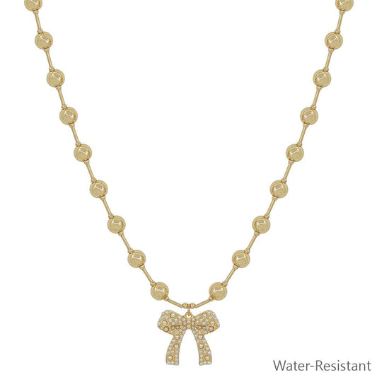 Water Resistant 6MM Gold Beaded Chain with Bow 16"-18" Necklace