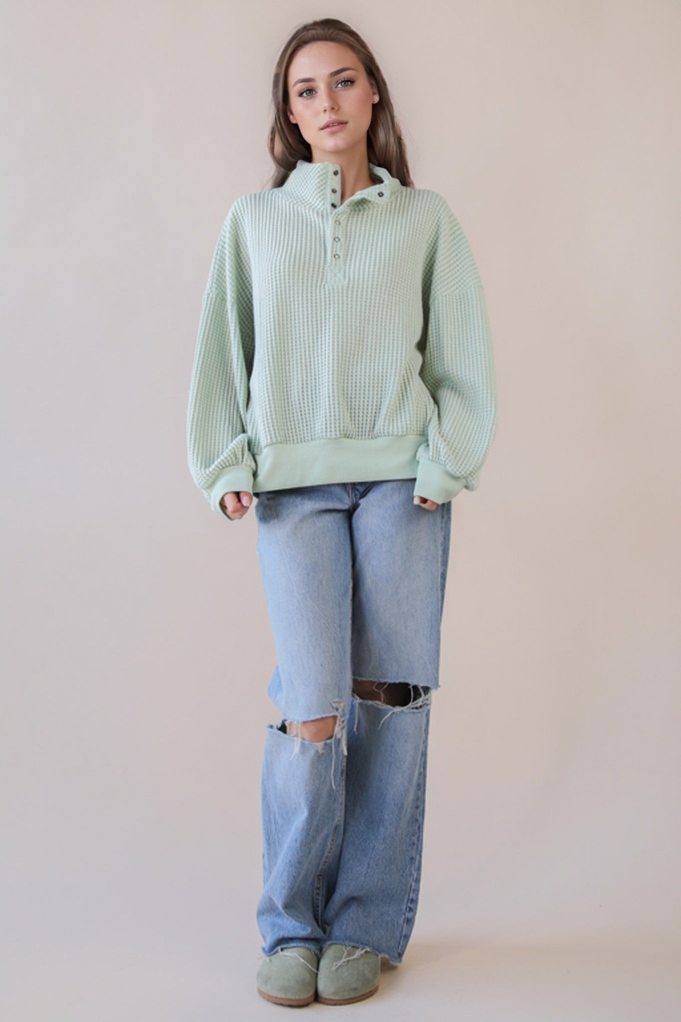 Oversized Half Button-Down Casual Waffle Knit Top