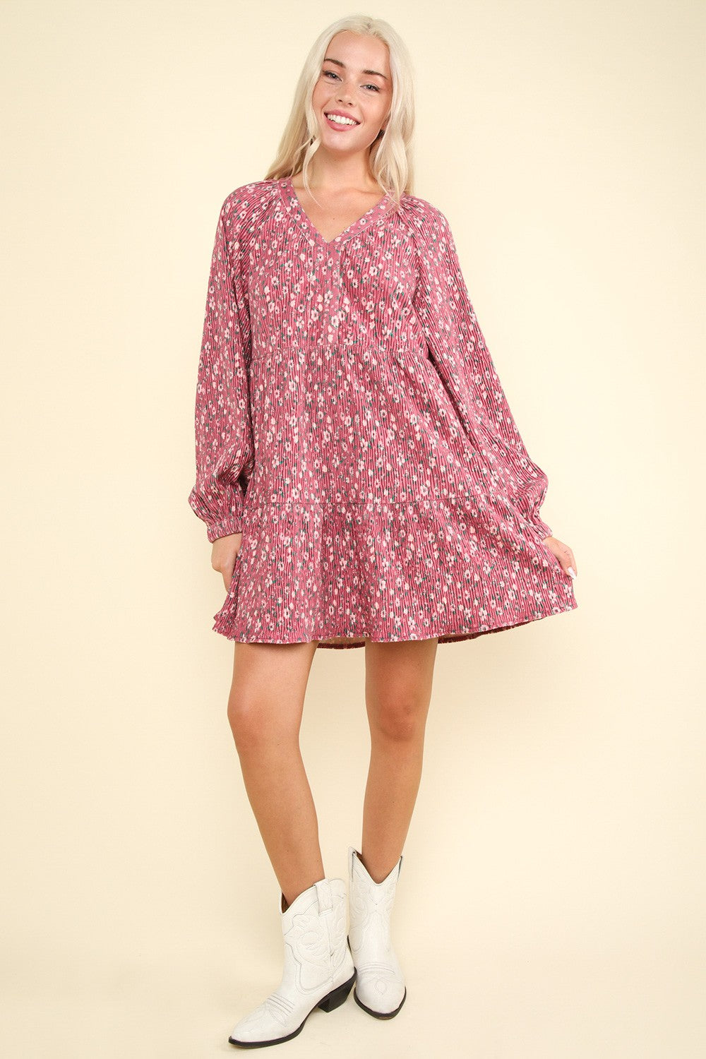 Flower Printed Velvet Babydoll Mini Dress
