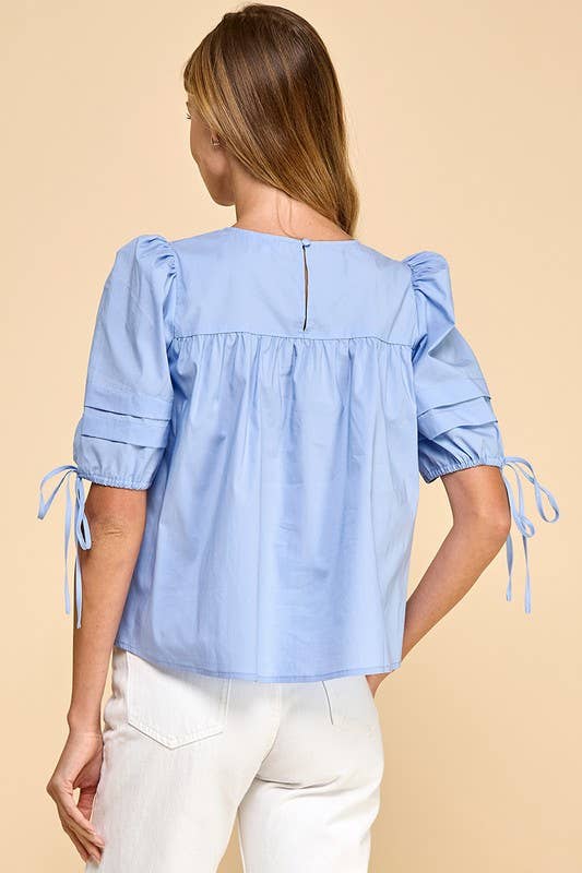 Pleated Detail Back Keyhole Puff Sleeves Top
