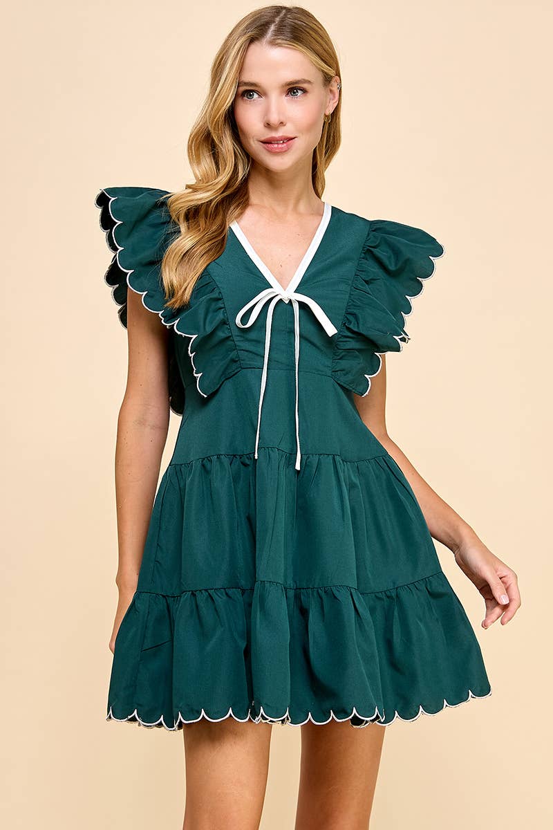 V Neckline Bow Detail Scalloped Dress