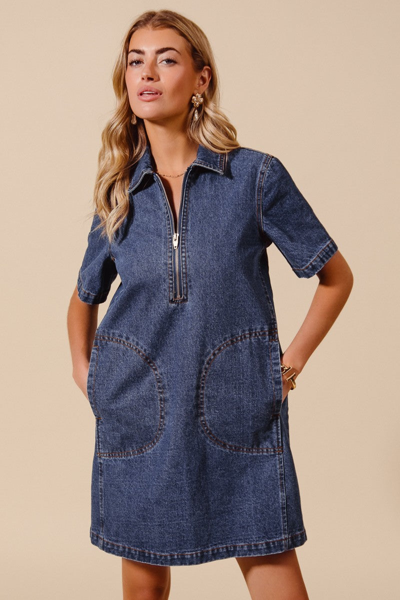 HALF ZIP UP FRONT DENIM DRESS WITH SIDE POCKETS