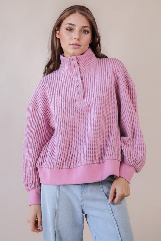 Oversized Half Button-Down Casual Waffle Knit Top