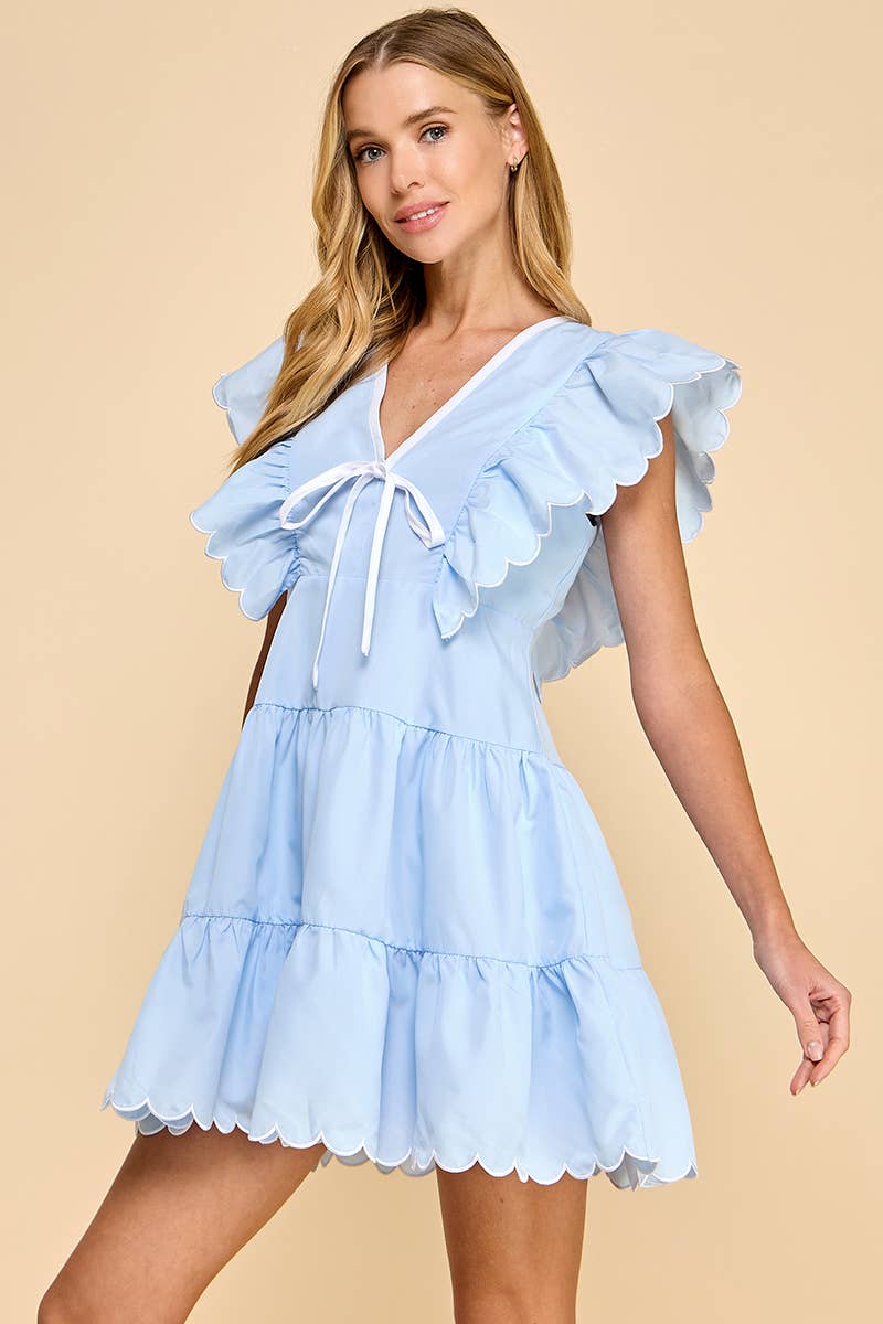 V Neckline Bow Detail Scalloped Dress