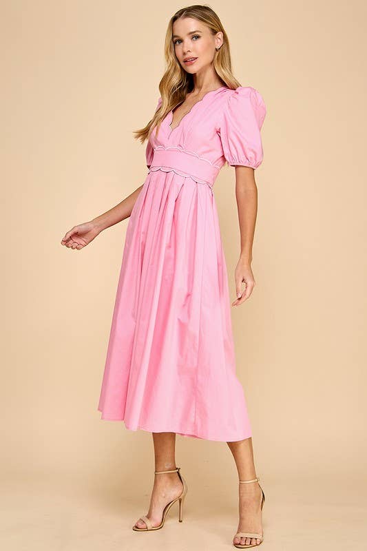 V- Neckline Scalloped Detail Midi Dress
