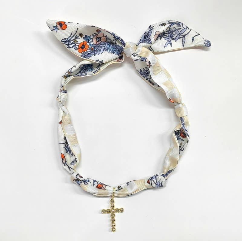 What's Hot - Scarf Necklace Beige/Navy with 1.25" Bubble Cross, VERY POPULAR!!