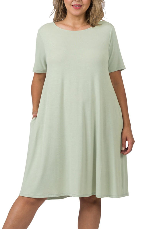 PLUS SHORT SLEEVE FLARED DRESS WITH SIDE POCKET