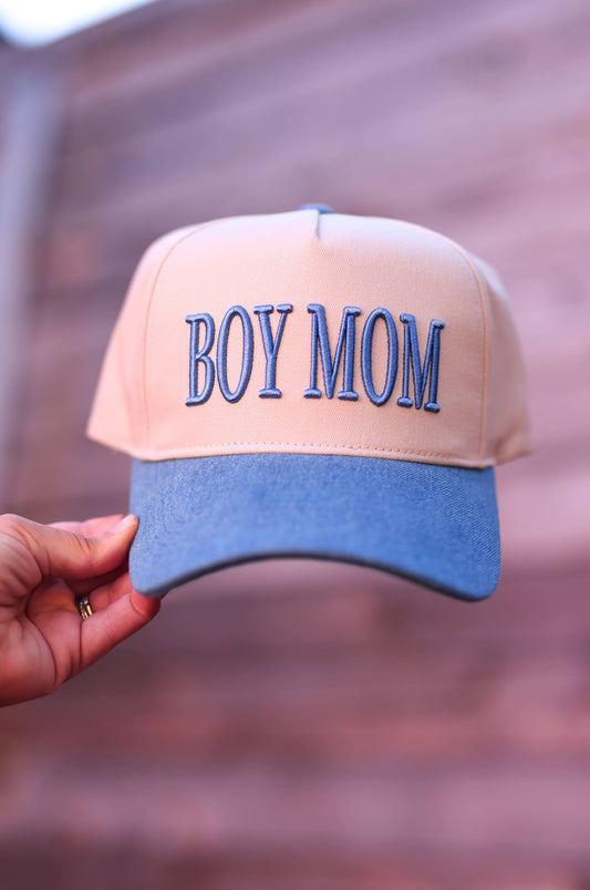 Boy Mom 3D Embroidery Trucker Hat - Natural/Denim