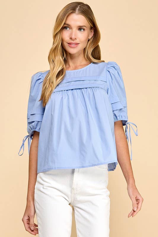Pleated Detail Back Keyhole Puff Sleeves Top