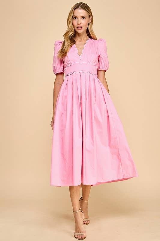 V- Neckline Scalloped Detail Midi Dress