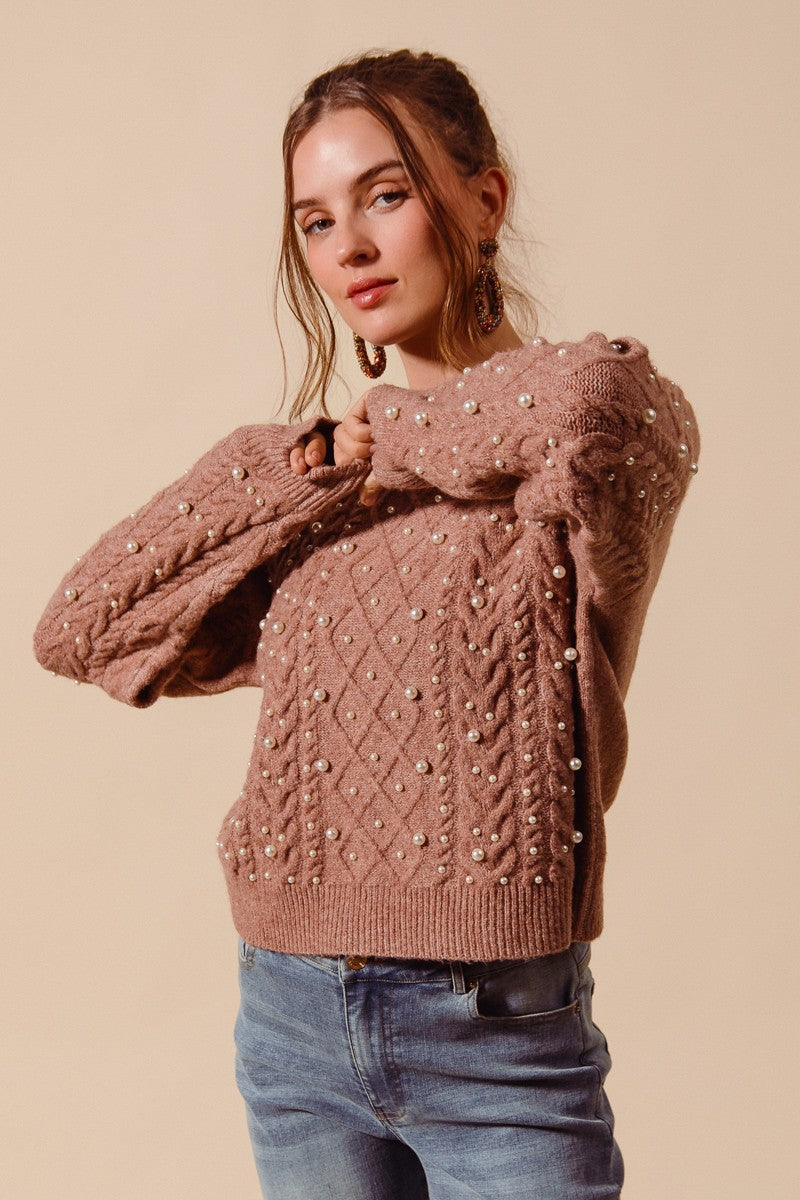 PEARL EMBELLISHED CABLE KNIT ROUND NECK SWEATER