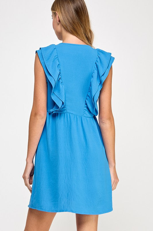 Solid V Neck Ruffle Dress