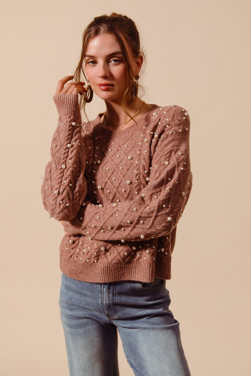 PEARL EMBELLISHED CABLE KNIT ROUND NECK SWEATER