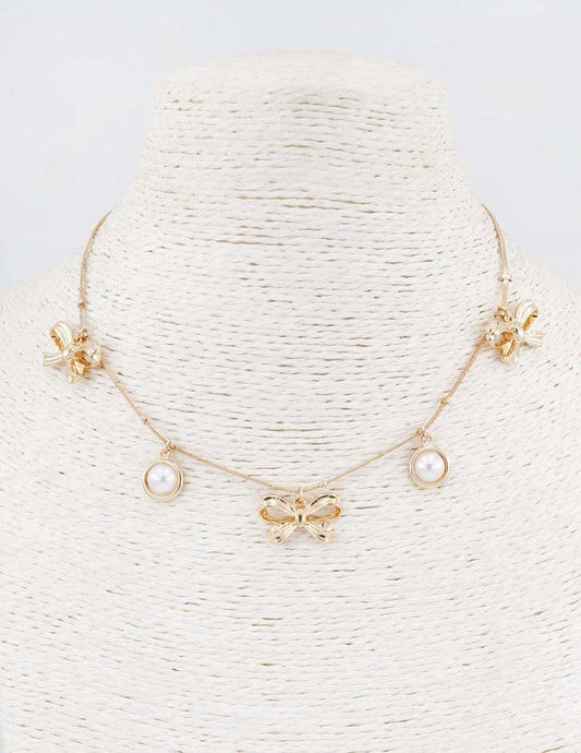 What's Hot - Gold Chain with Pearl and Gold Bow Charms 16"-18" Necklace
