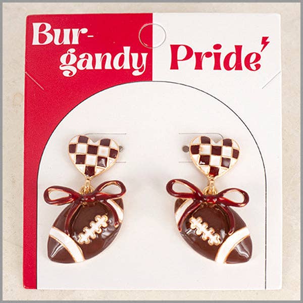 Burgandy and White Color Coated Heart with Bow & Football Gameday Stud 1.5" Earring