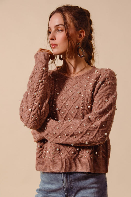 PEARL EMBELLISHED CABLE KNIT ROUND NECK SWEATER