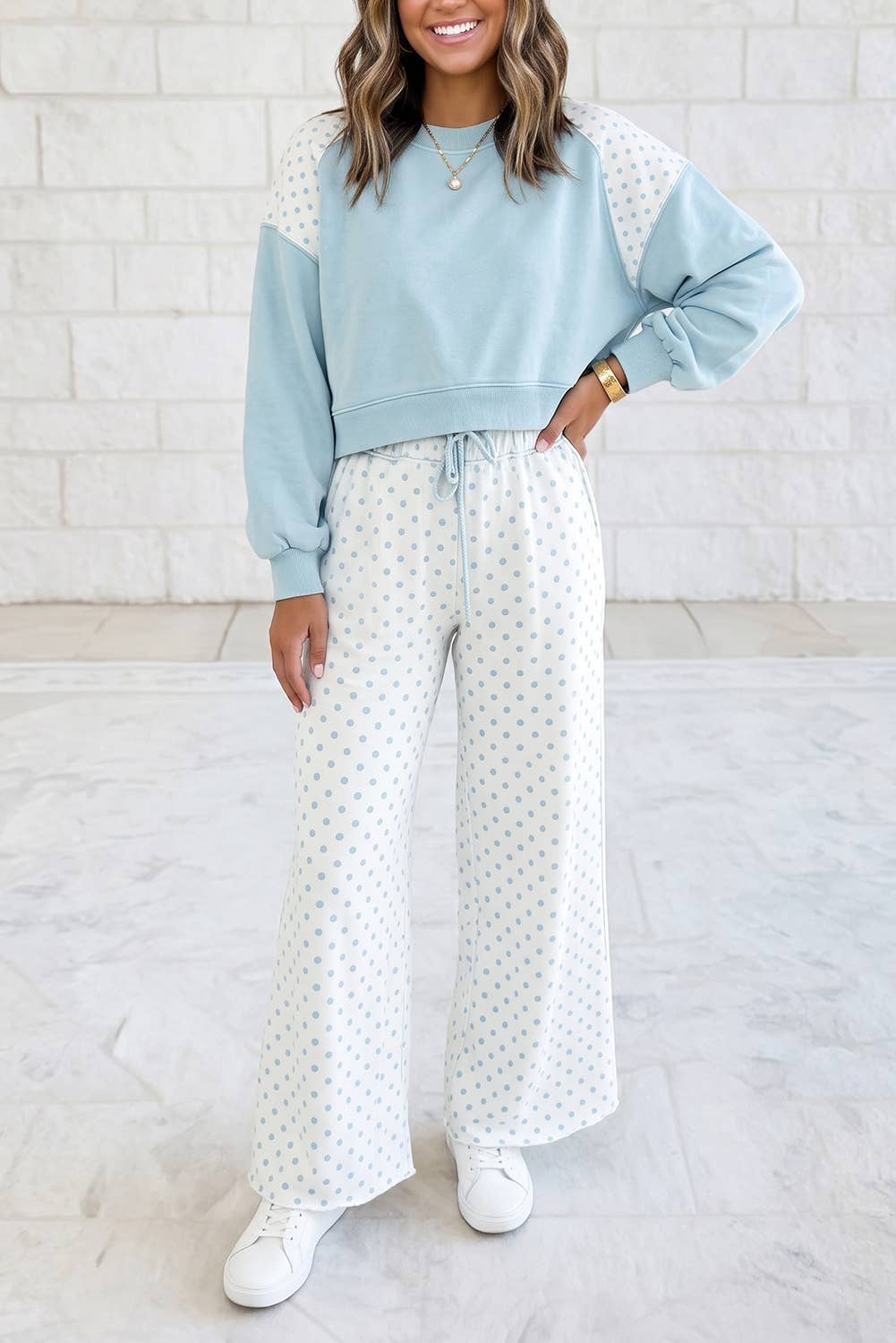 Women's Polka Dot Patchwork Two-Piece Set – Long Sleeve Top & Matching Pants