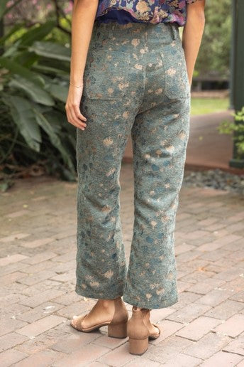 Gold Button Abstract Velvet Jaquard Wide Leg Pants