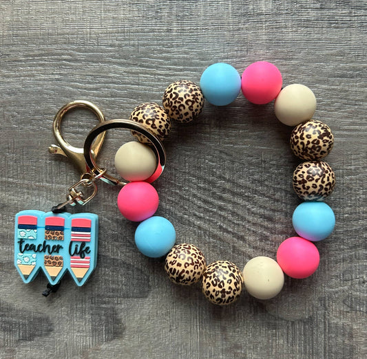 Teacher Life Silicone and Wood Bead Wristlet Keychain