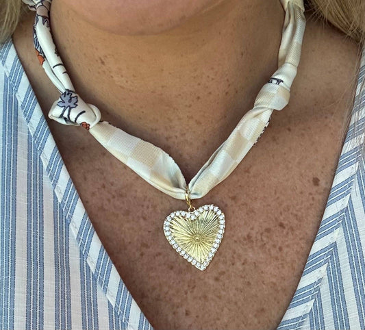 Cream and Blue Knotted Scarf Necklace with Detailed Heart Charm, Most Popular!!