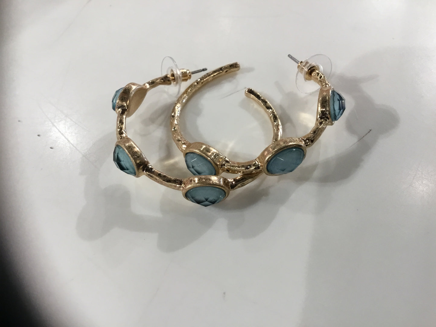 Gold Hoop Earrings with Blue Stone