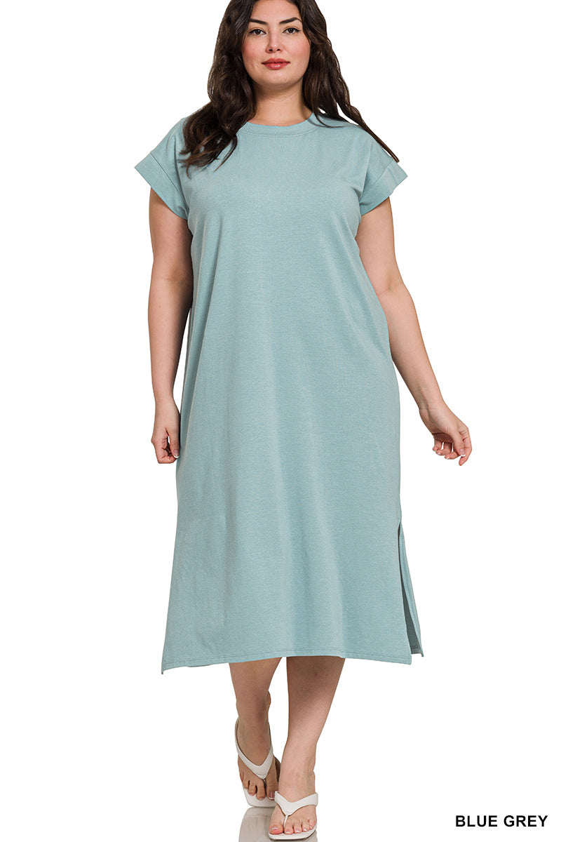 Plus round neck short sleeve midi dress