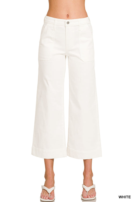 Cropped wide leg white denim pants
