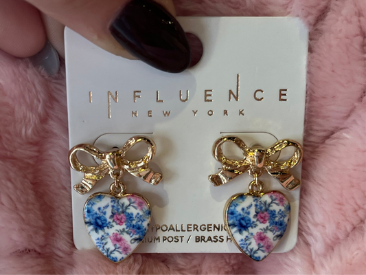 Pink and blue floral bow earrings