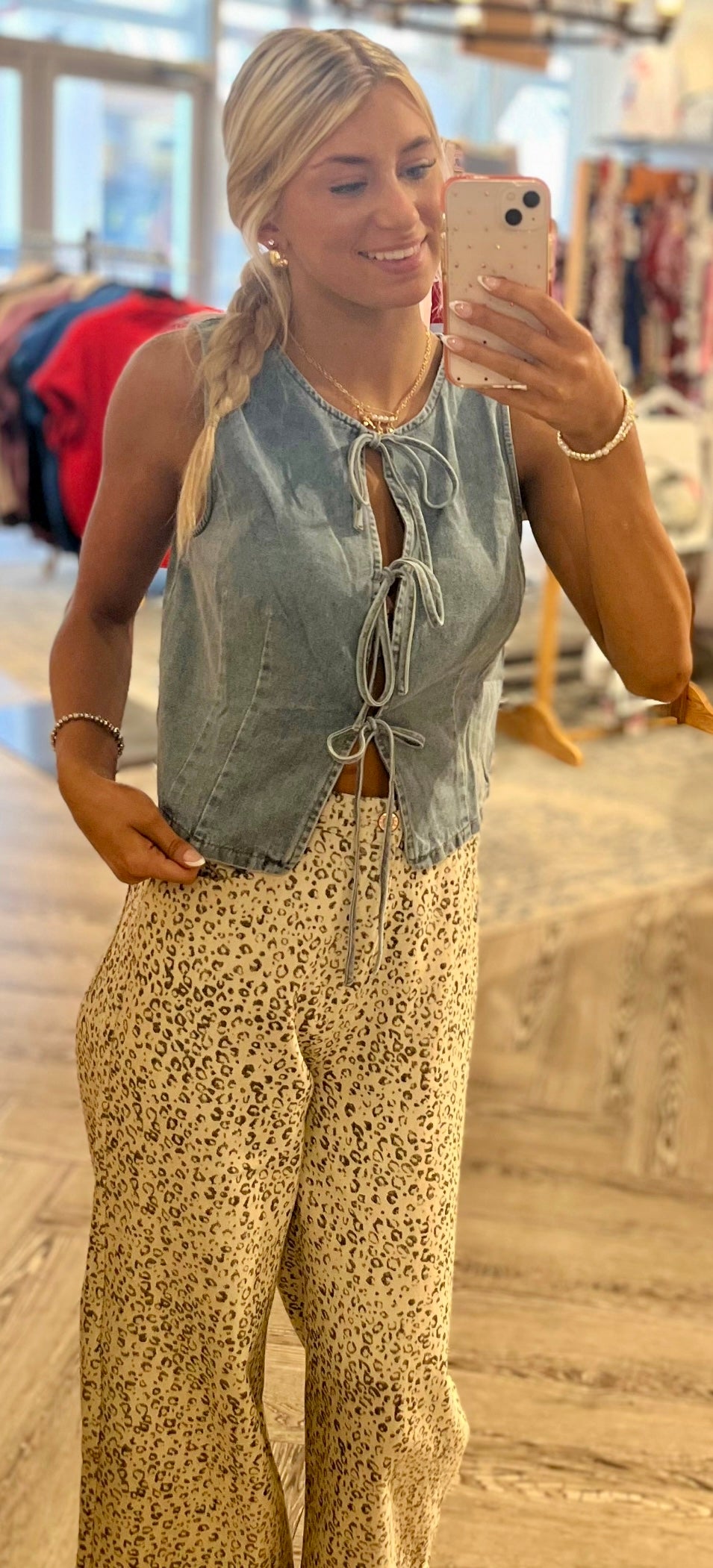 Light denim bow tie sleeveless shirt