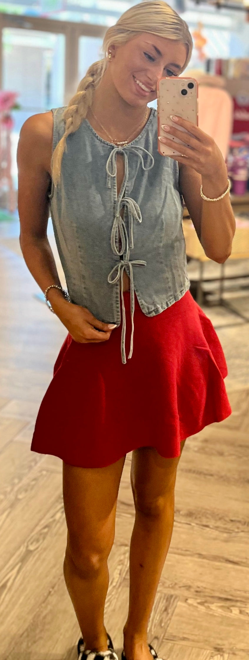 Light denim bow tie sleeveless shirt