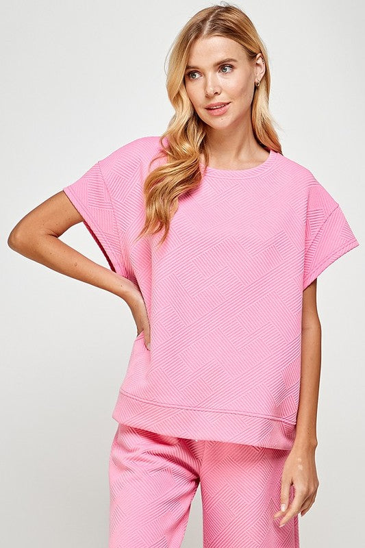 Textured Short Sleeve Sweatshirts Lounge Wear Top and Bottom